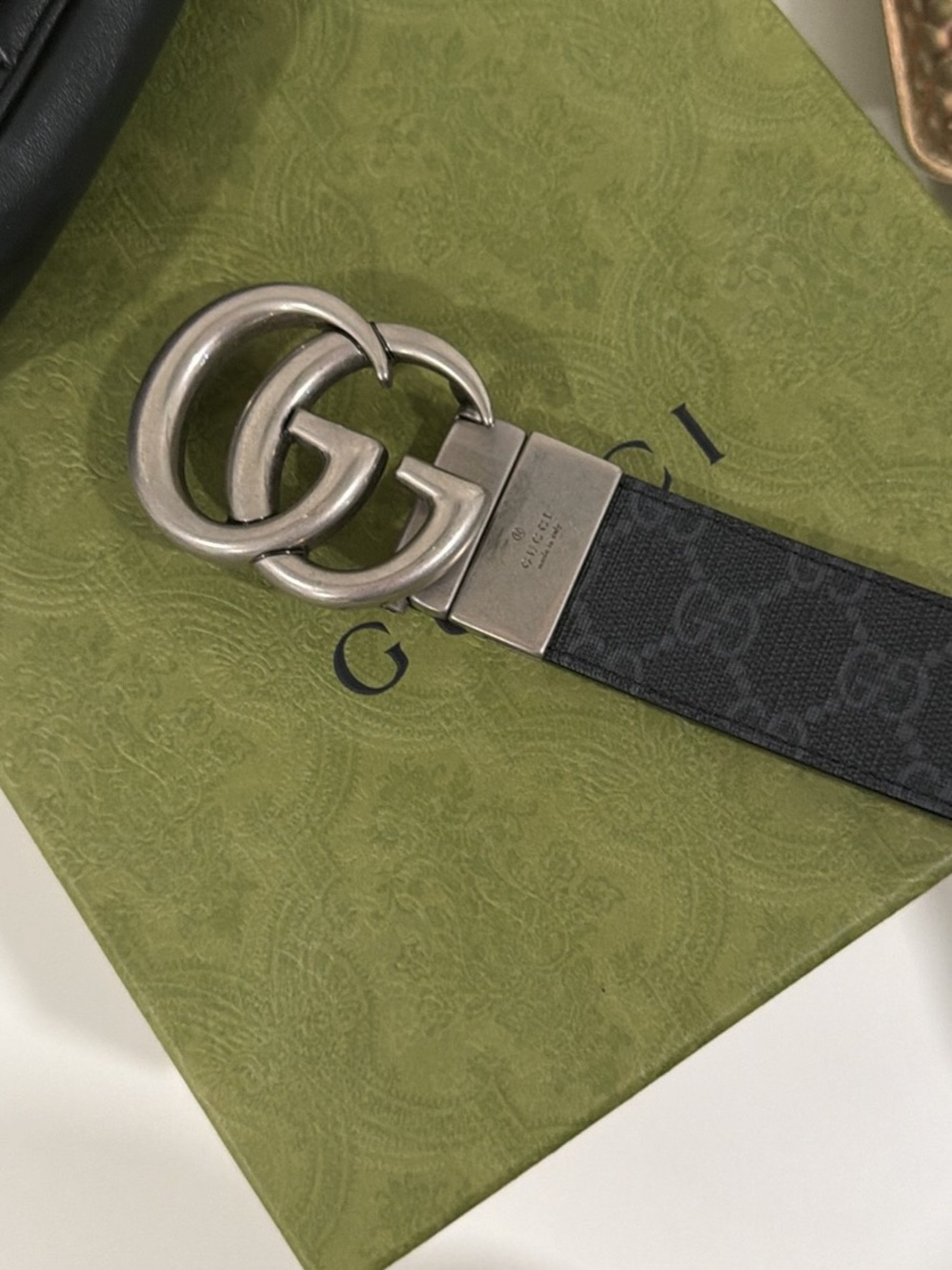 Gucci Black GG Canvas Belt with Silver Double G Buckle